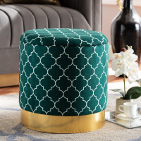 Baxton Studio JY19A257-Teal/Gold-Otto Serra Glam and Luxe Teal Green Quatrefoil Velvet Fabric Upholstered Gold Finished Metal Storage Ottoman